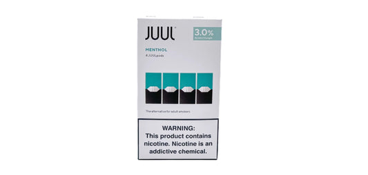 JUUL Menthol 4-pack box, 3% nicotine strength, with four pods shown and a nicotine warning label