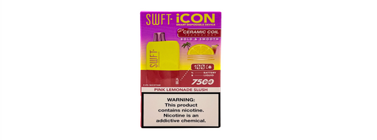 SWFT Icon Pink Lemonade Slush disposable vape in yellow with ceramic coil technology packaging.