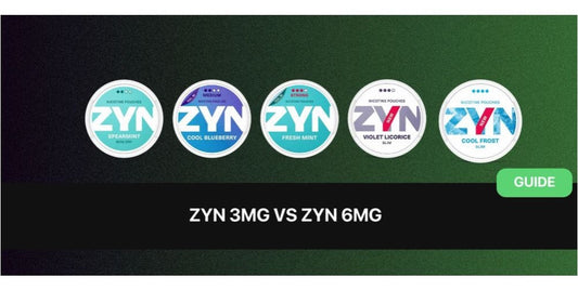 Row of five ZYN nicotine pouch cans in different flavors against a green background, labeled 'ZYN 3mg vs ZYN 6mg guide.